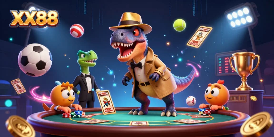 Experience the thrill of XX88 casino with a lively velociraptor card counter and dynamic gaming action.