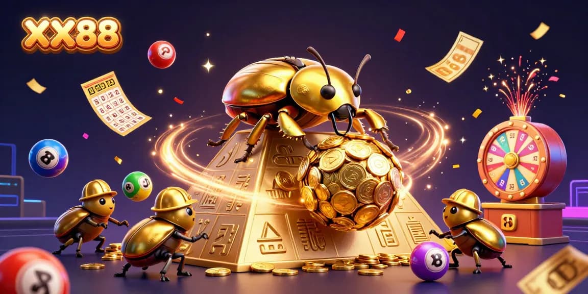 Join the adventure at XX88, unveiling colorful lottery elements amidst a vibrant casino environment.