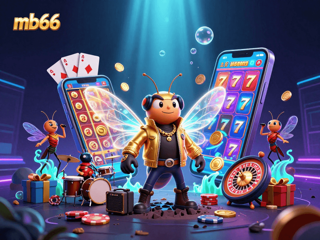 Experience big wins with mb66's vibrant casino-themed illustration showcasing exciting game elements.