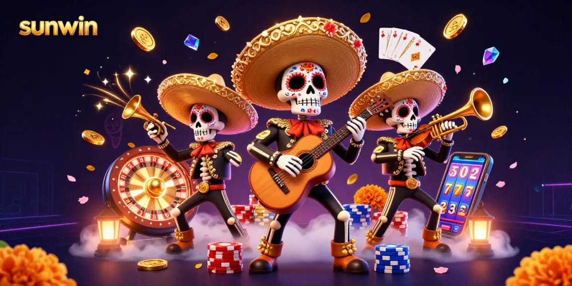 Experience vibrant sunwin gaming with a colorful mariachi band amidst gold coins and exciting casino elements.