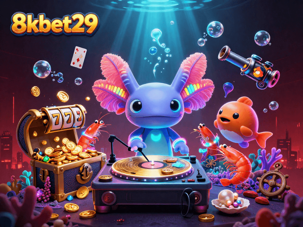 Spin to win with 8kbet29 in this vibrant underwater party illustration featuring colorful gambling elements.