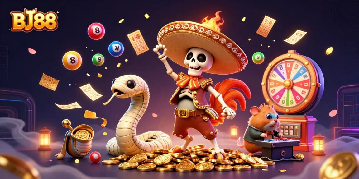 Experience the vibrant energy of BJ88 with colorful lottery elements and dancing characters in this dynamic casino scene.