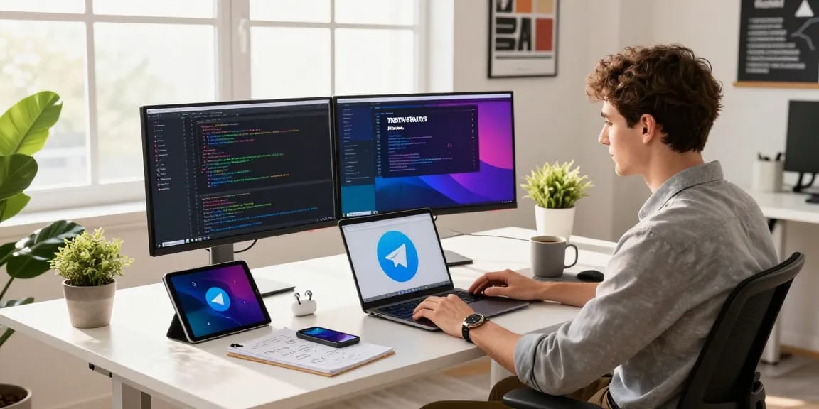 Download Telegram app on a vibrant developer's workspace with multiple tech devices.