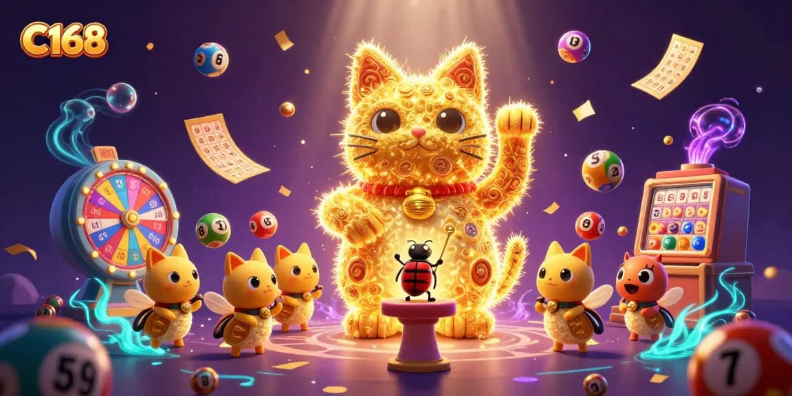 C168's dynamic golden lucky cat and vibrant casino symbols bring excitement to online betting.