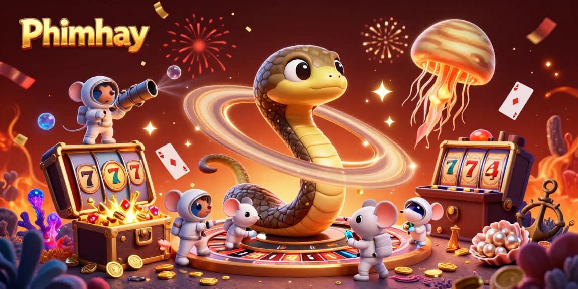 Phimhay players engage with lively slot reels amidst vibrant cosmic elements in a radiant casino scene.