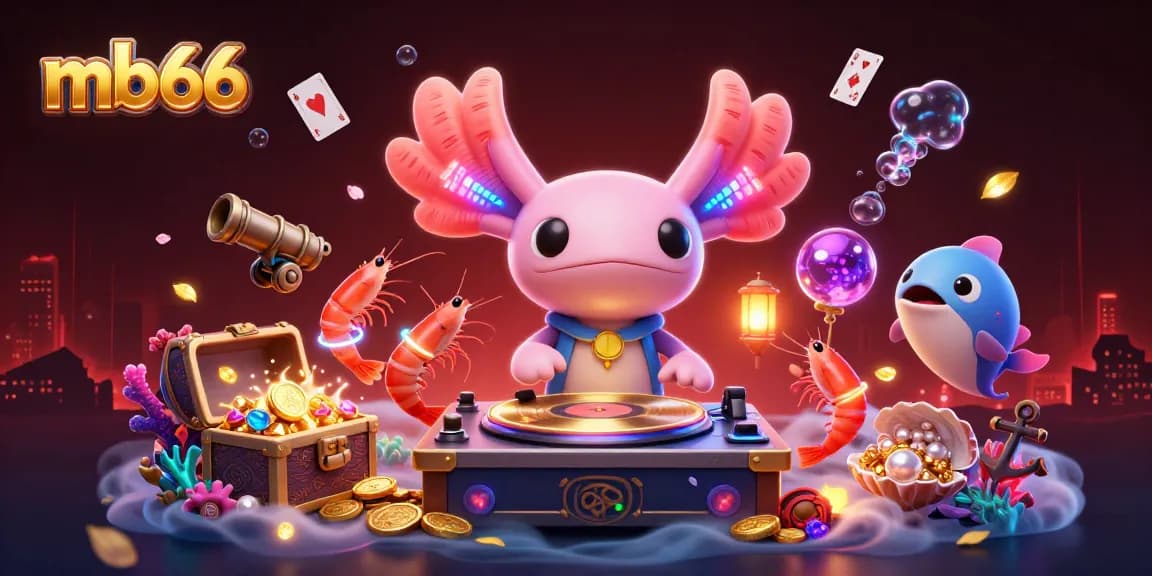 Join the excitement with mb66 as the neon-colored axolotl DJ spins winnings while vibrant sea creatures celebrate.