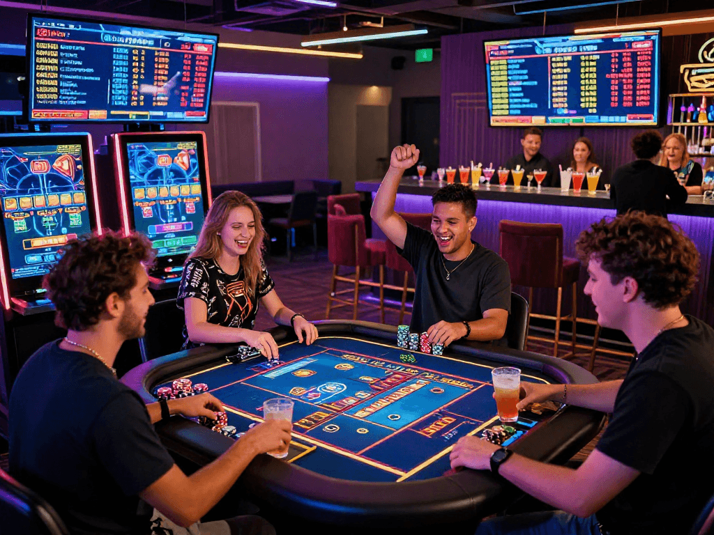 Exciting crypto casino scene with players at gaming tables and LED screens