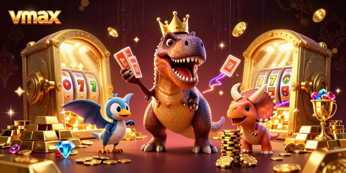 Experience gambling thrills with vmax in a dynamic 3D cartoon scene of casino T-Rex, pterodactyl, and triceratops.