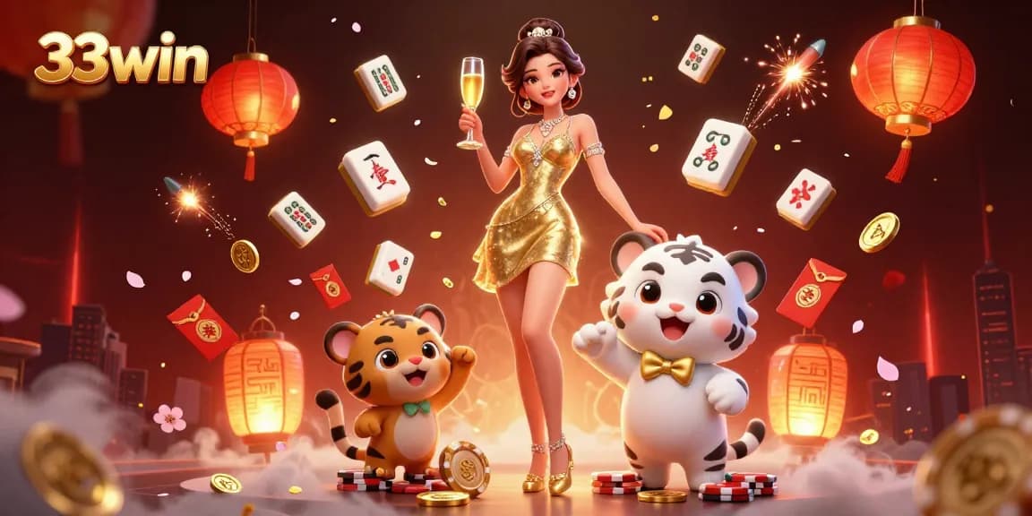 Interact at 33win casino with vibrant characters, poker chips, and festive mahjong elements.