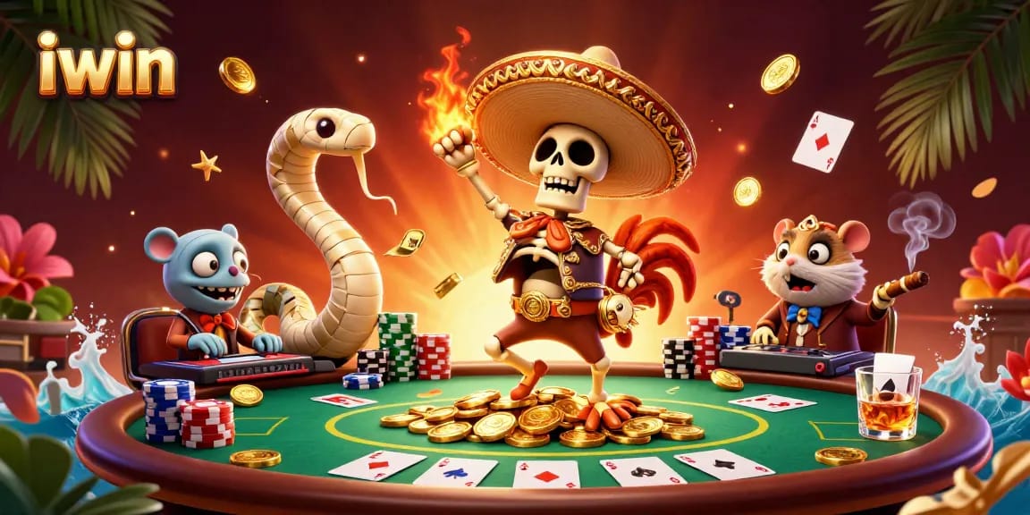 Experience thrilling moments with iwin as unique characters celebrate among vibrant casino elements.