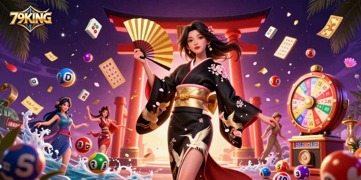Experience the excitement of 79KING with colorful lottery elements and an elegant character illustration.