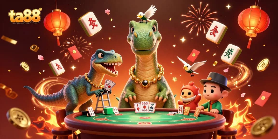 Experience ta88's vibrant casino scene with a dinosaur poker game and festive elements.