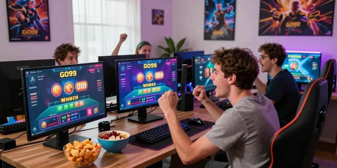 Friends enjoying live casino games on GO99, celebrating wins in a vibrant gaming setup.