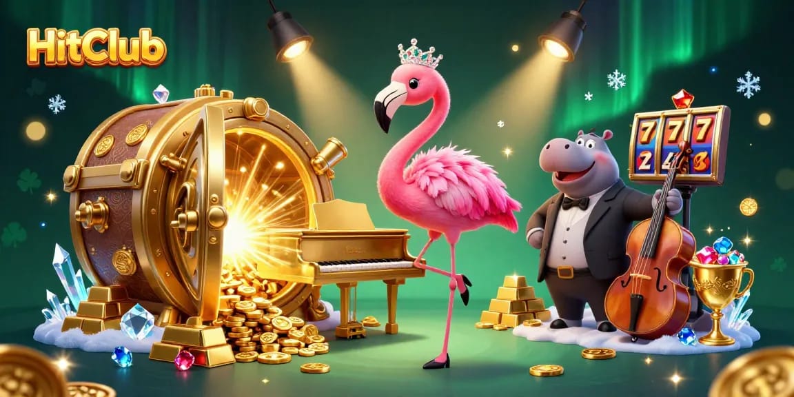 Experience the excitement at HitClub with dynamic scenes featuring vibrant casino characters and sparkling gem-filled treasures.