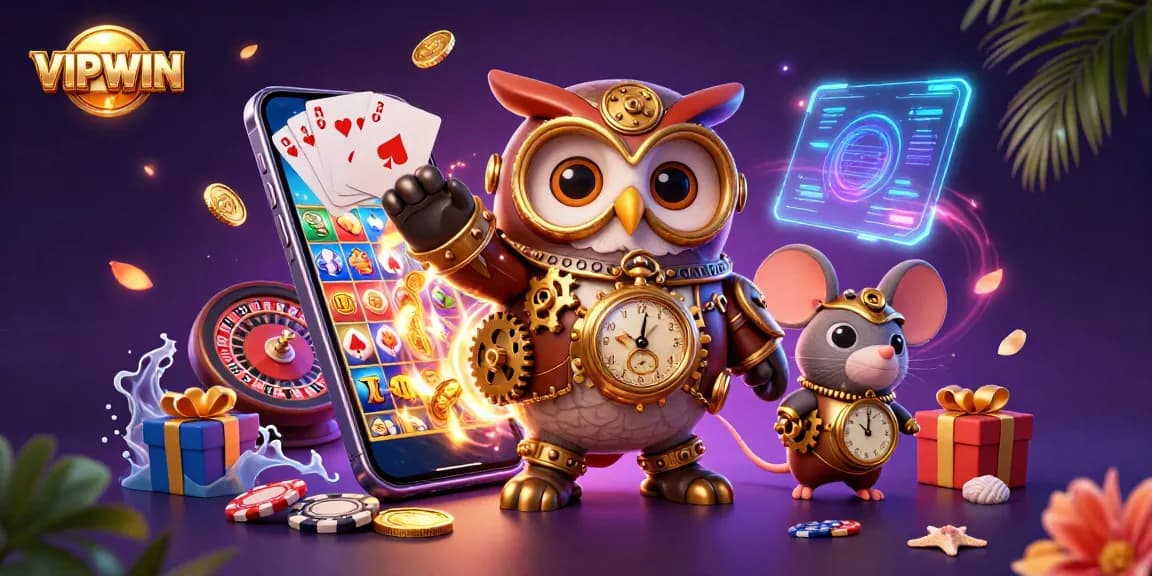 Experience the excitement of VIPWIN with dynamic casino elements, featuring a steampunk owl and immersive gameplay.