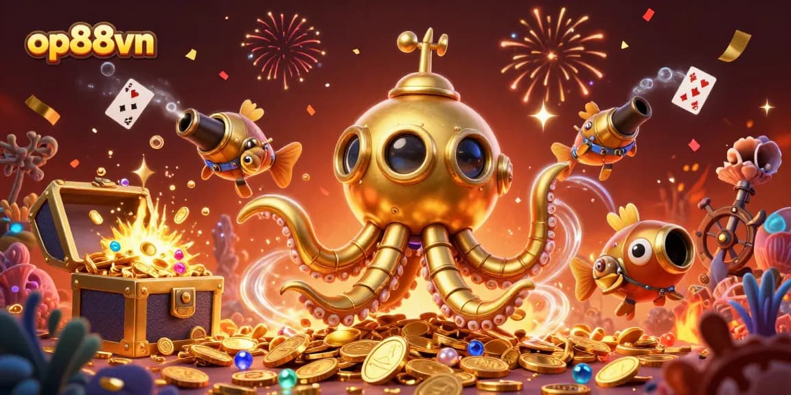 Engage in thrilling gameplay with op88vn, surrounded by a fantastical 3D casino scene featuring golden treasures and vibrant elements.