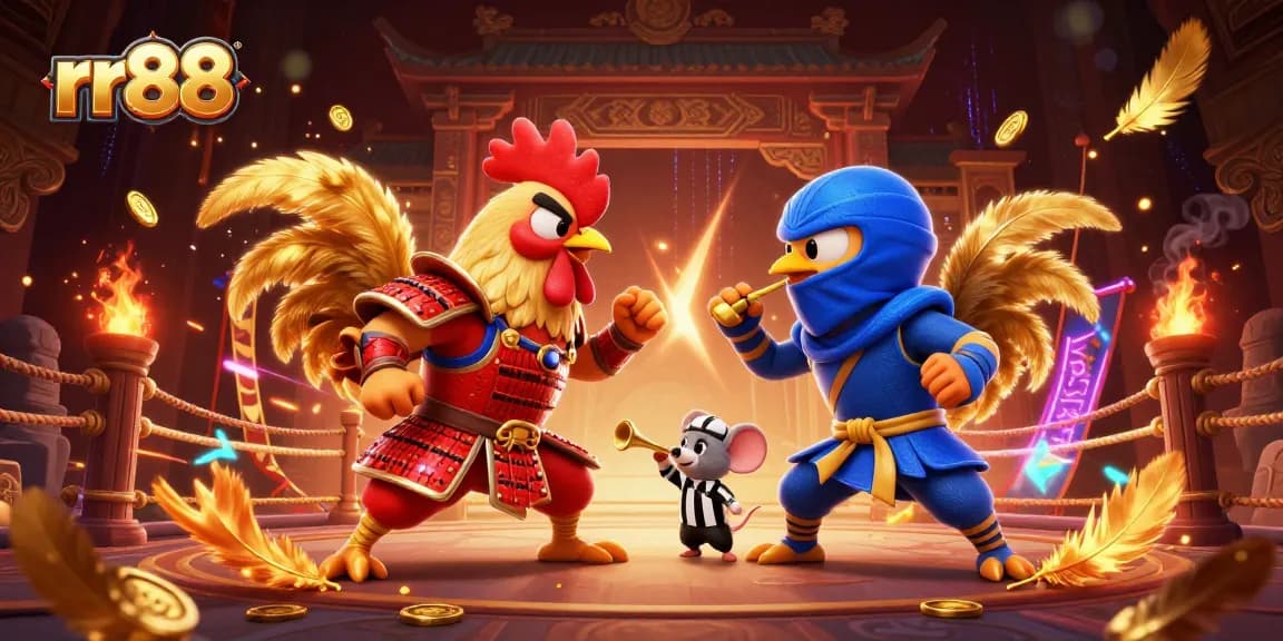 Experience the thrill of rr88 with dynamic fighting roosters, golden tokens, and an energetic arena.