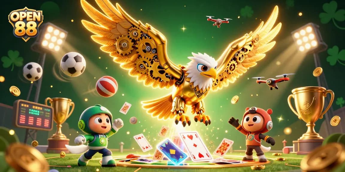 Win big at OPEN 88 with a cinematic 3D illustration of dynamic gaming elements.