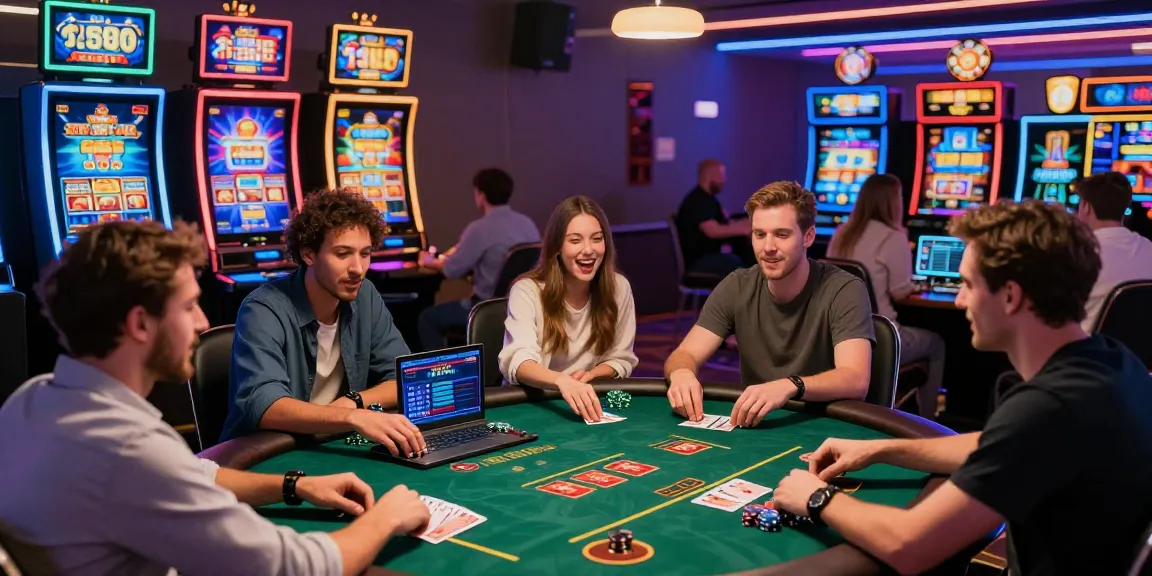 Scena coinvolgente di diversi giocatori che si divertono con i giochi dei lista casino non AAMS su una vivace piattaforma online con colorate macchine da gioco e poker.