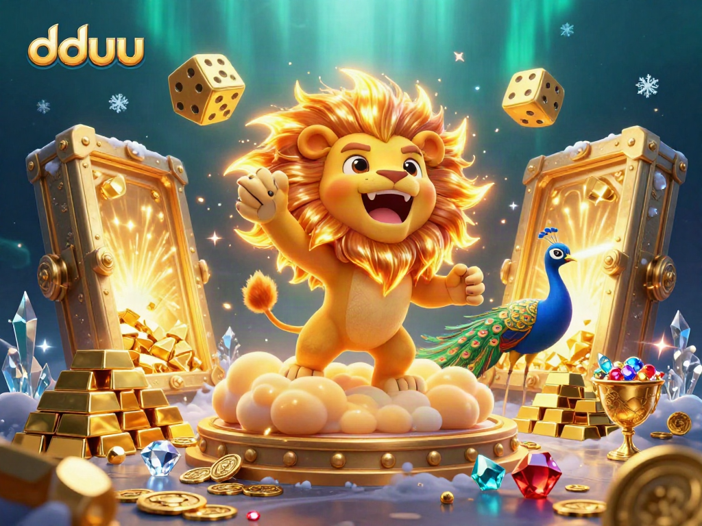 Experience thrilling wins at dduu with a majestic golden lion, floating dice, and gleaming treasures.