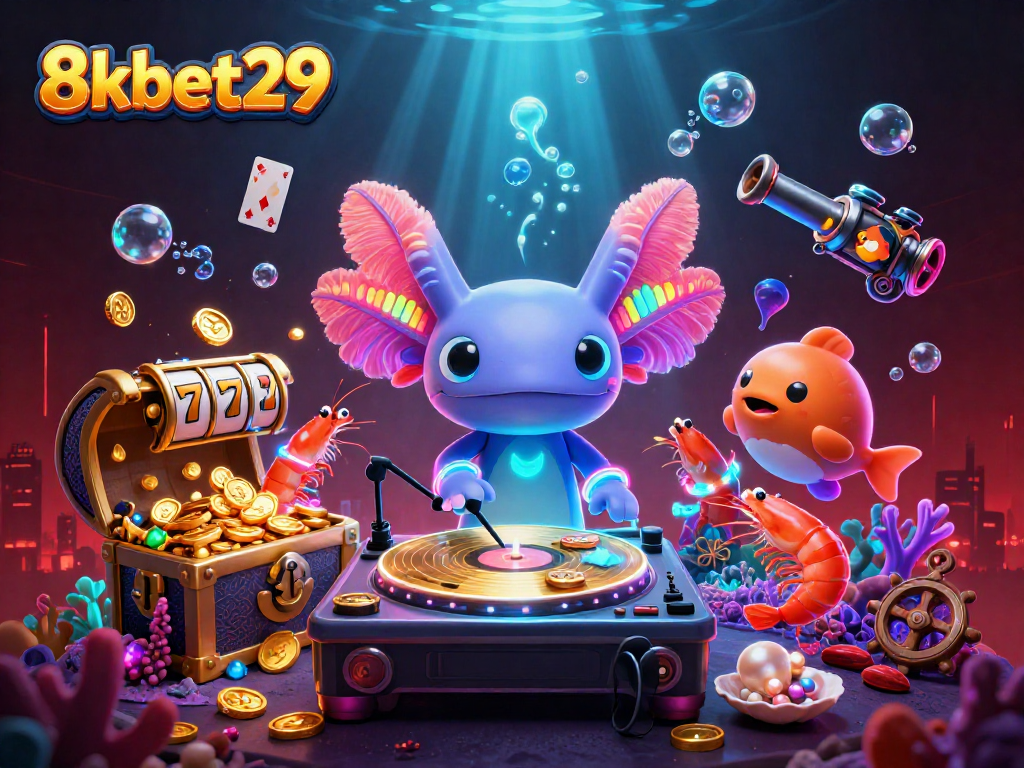 Spin to win with 8kbet29 in this vibrant underwater party illustration featuring colorful gambling elements.