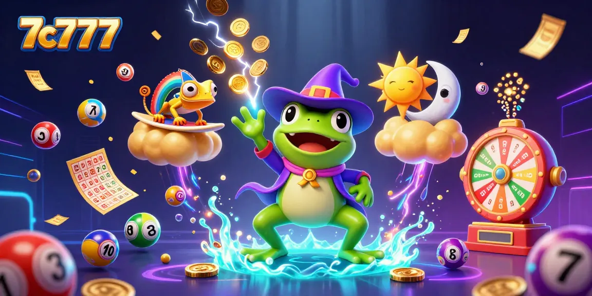 Engage with 7c777's vibrant gaming world, featuring a wizard frog and chameleon amidst lottery chaos.