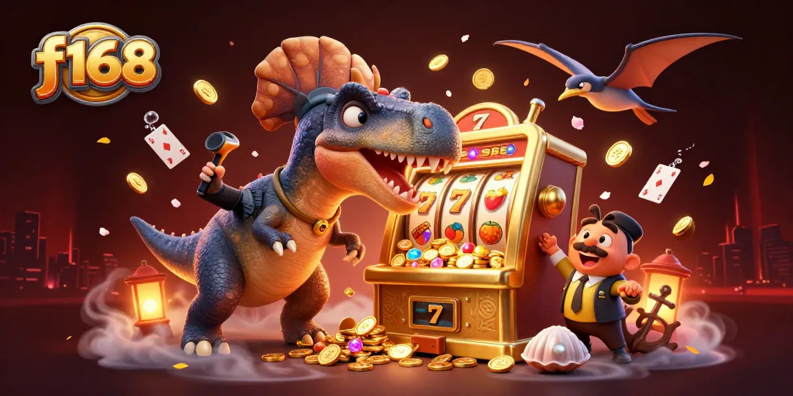 f168 jackpot scene with cartoon dinosaurs and golden coins in a vibrant casino illustration