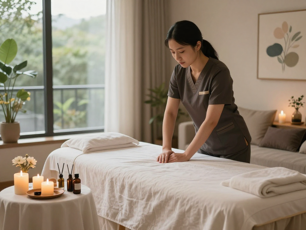 Relaxing 출장안마 scene with professional therapist preparing serene home environment for massage therapy.