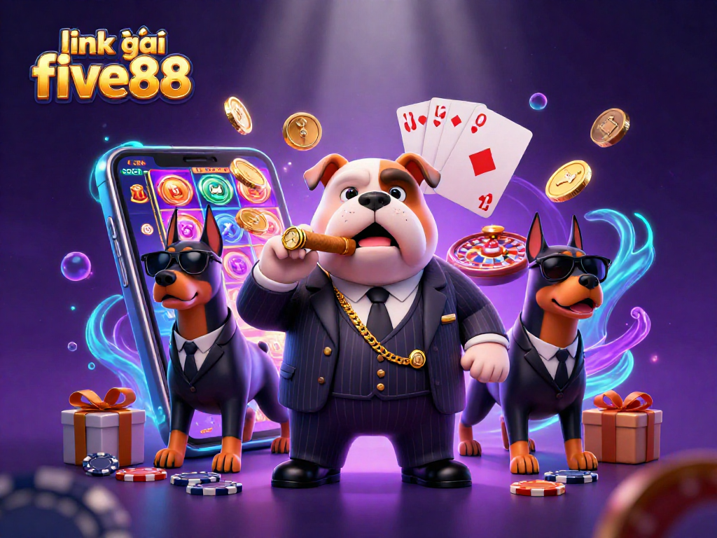 Experience the thrill with link vào five88 through a dynamic casino illustration featuring a mafia bulldog and games.