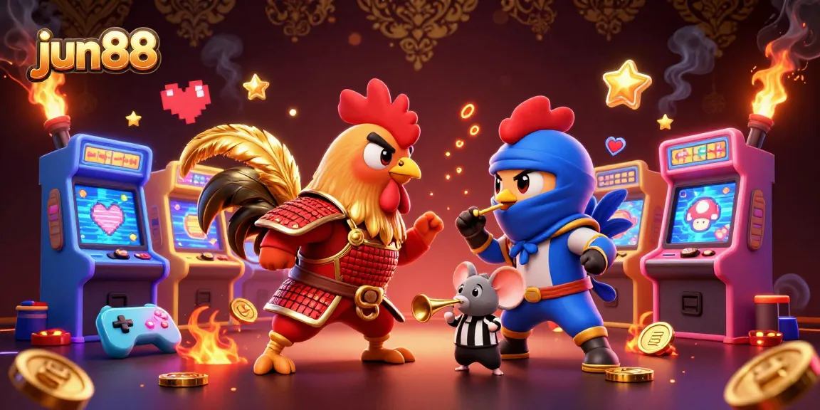 Engage in the thrilling arena of jun88 as roosters clash with golden feathers amidst dynamic gaming elements.