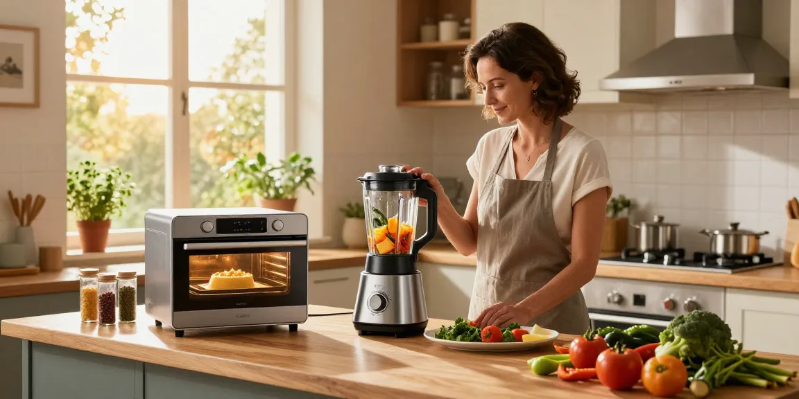 Home cook utilizing AI cooking gadgets in a modern kitchen to create delicious meals with smart technology.