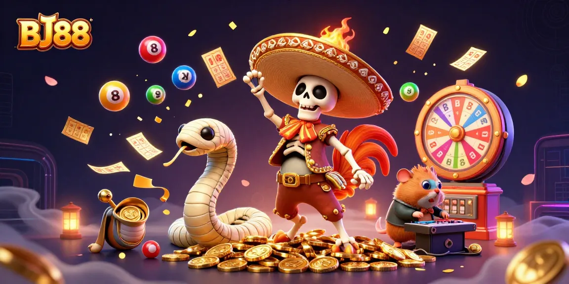 Experience the vibrant energy of BJ88 with colorful lottery elements and dancing characters in this dynamic casino scene.