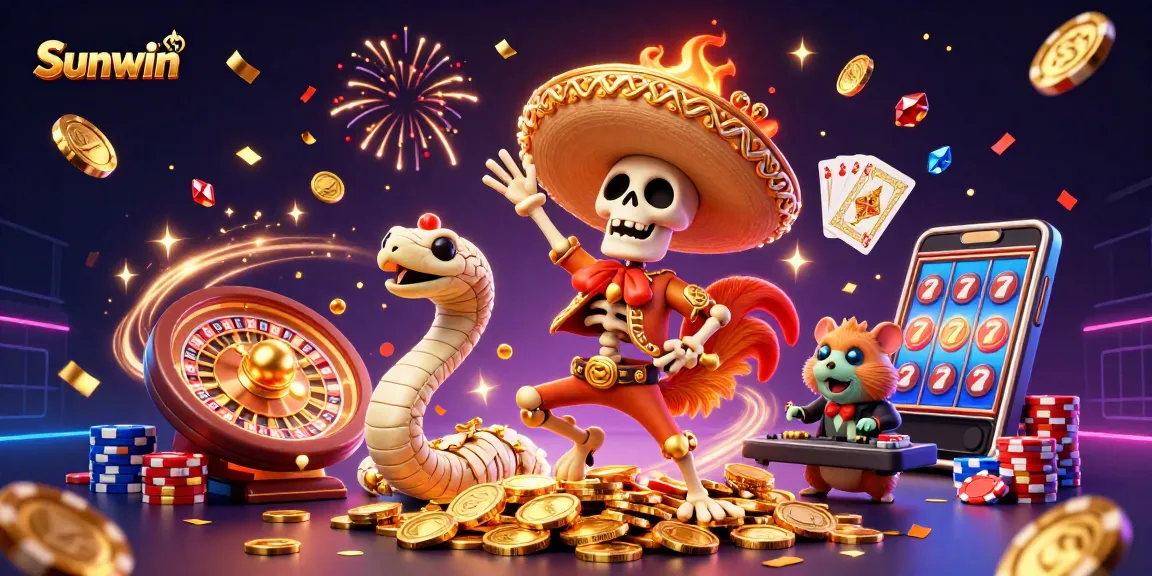 Sunwin offers an exciting casino experience with a vibrant scene of characters celebrating on golden coins.