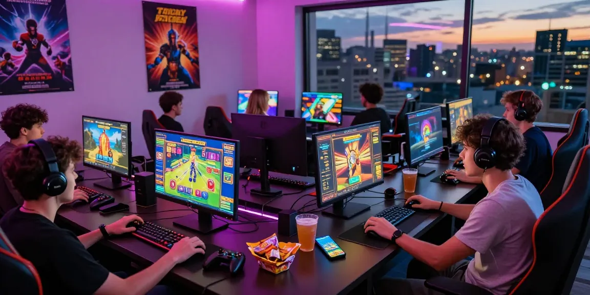 Para pemain rajaslot bersenang-senang dengan permainan slot online, suasana penuh warna dan energik.