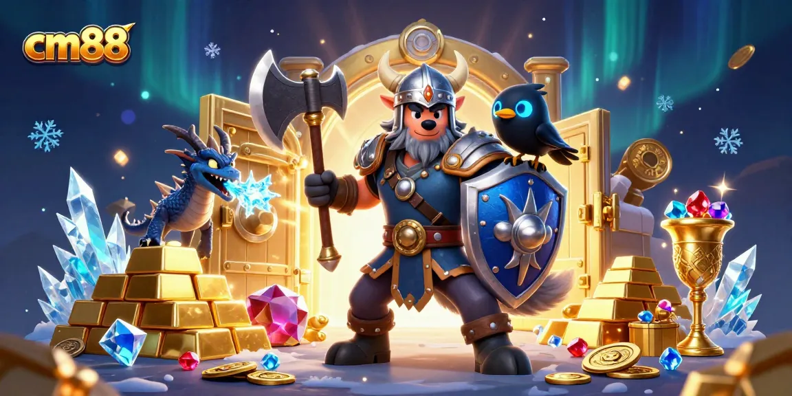 Experience thrilling gameplay at cm88 with a Viking warrior and dragon in a vibrant casino scene.