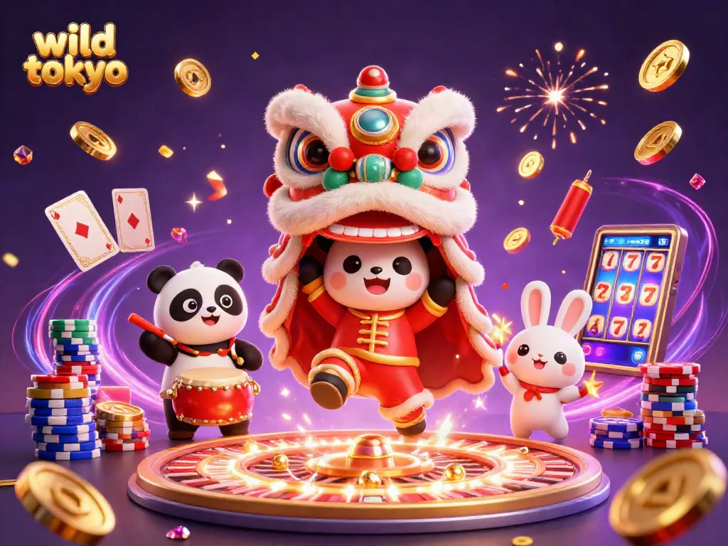 Experience the thrill of wild tokyo with vibrant casino characters celebrating amidst cascading coins and dazzling gems.