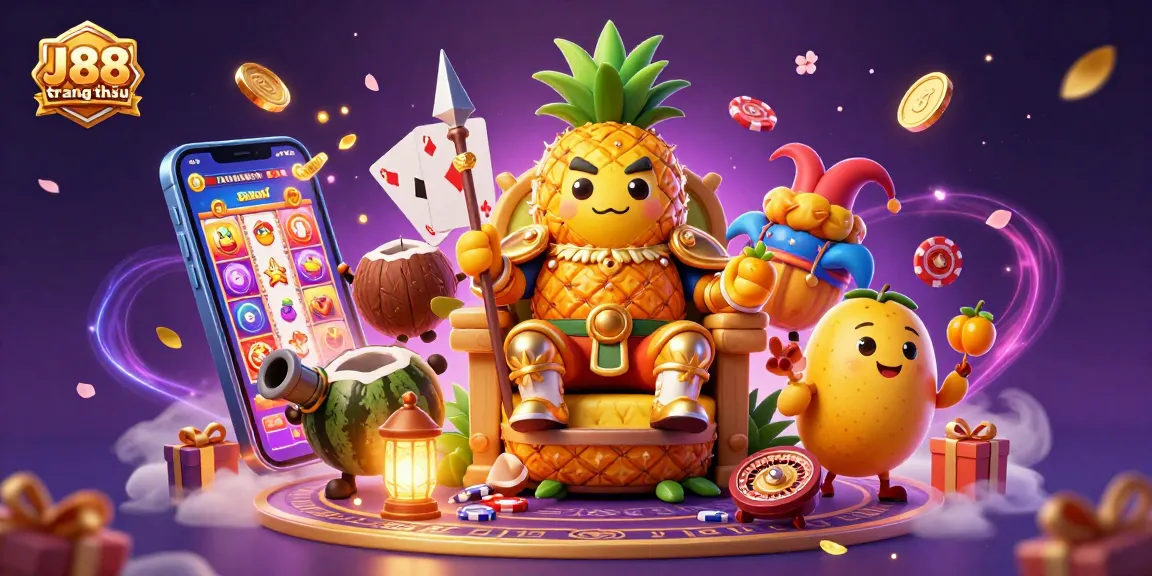 Engage with J88 trang chủ's vibrant beach casino scene featuring a golden pineapple king and unique game elements.