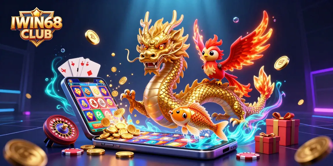 IWIN68 CLUB showcases a vibrant scene with a golden dragon and phoenix in a casino setting.