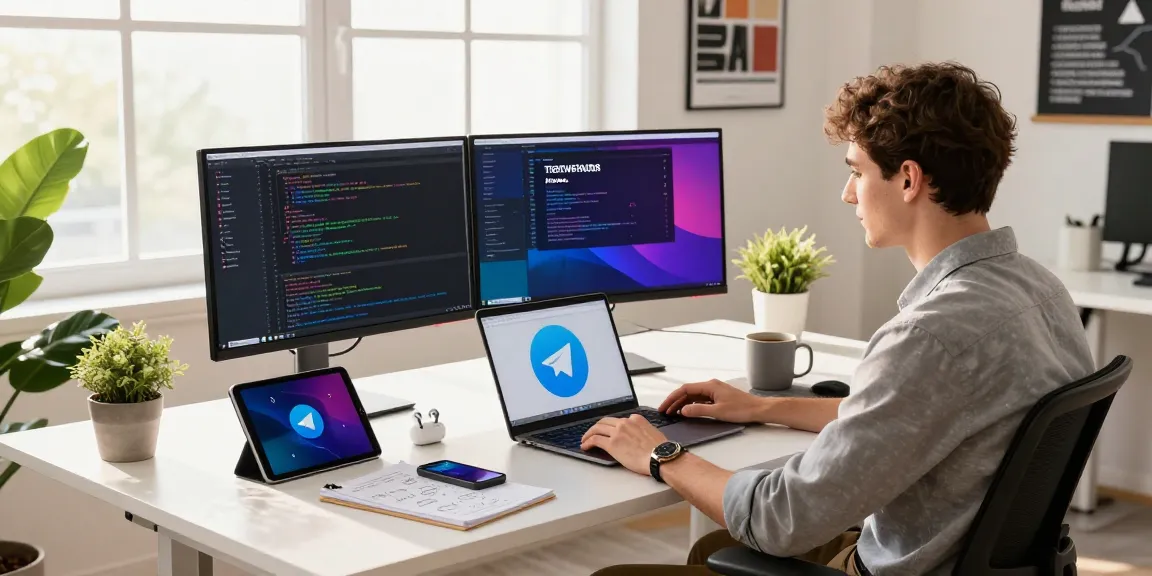 Download Telegram app on a vibrant developer's workspace with multiple tech devices.