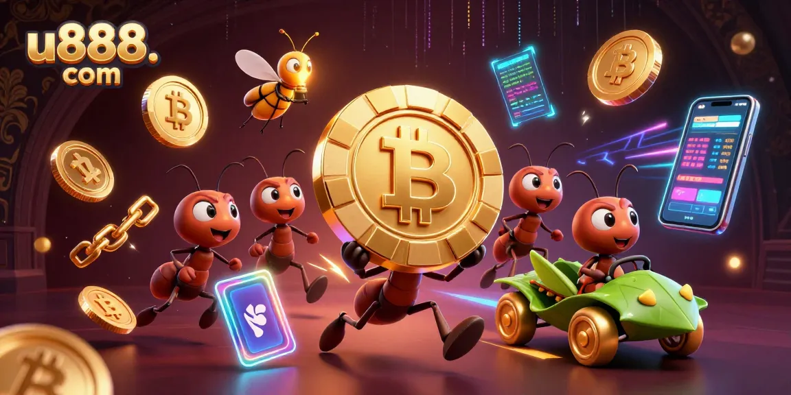 Engage in exciting gameplay at u888. com with vibrant 3D casino-themed illustration featuring cartoon ants and crypto elements.