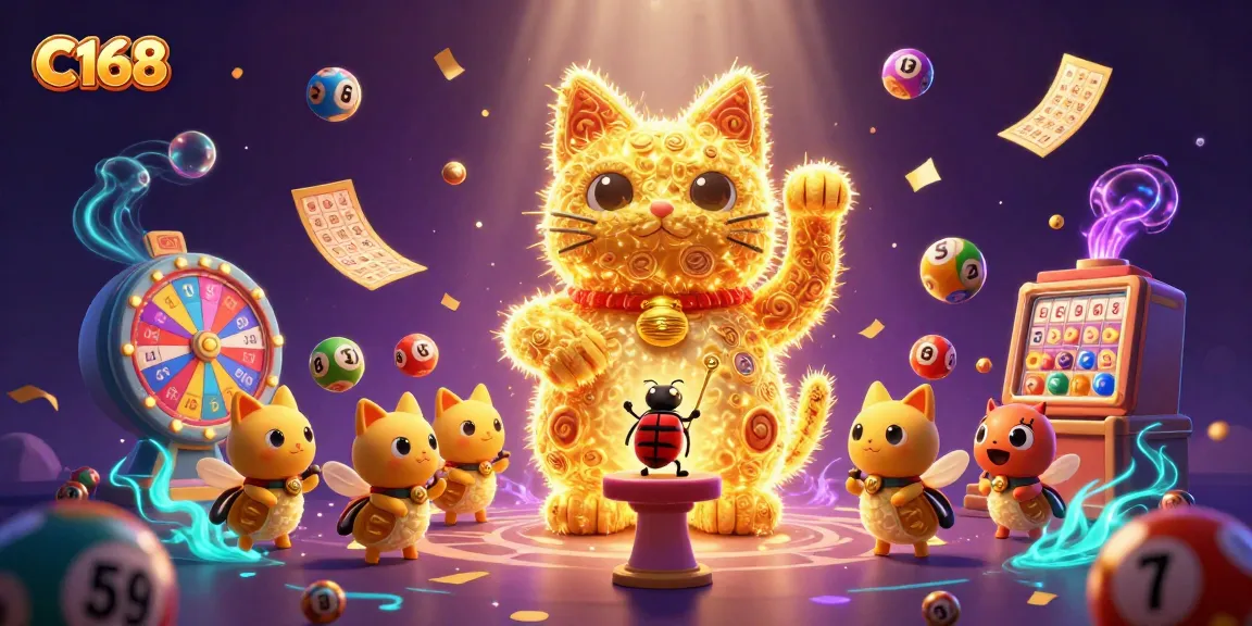 C168's dynamic golden lucky cat and vibrant casino symbols bring excitement to online betting.