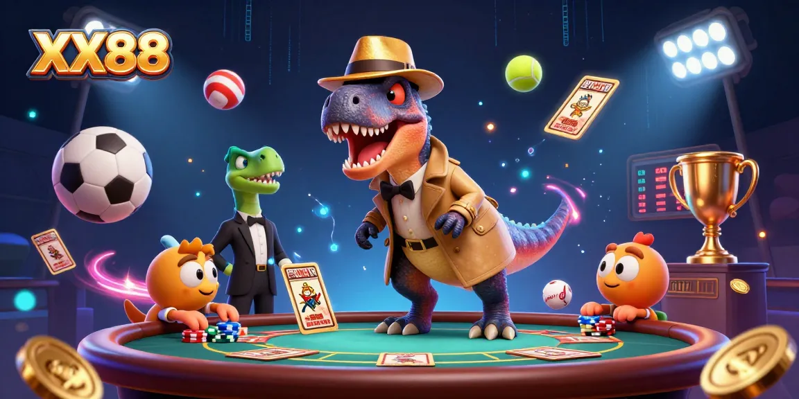 Experience the thrill of XX88 casino with a lively velociraptor card counter and dynamic gaming action.