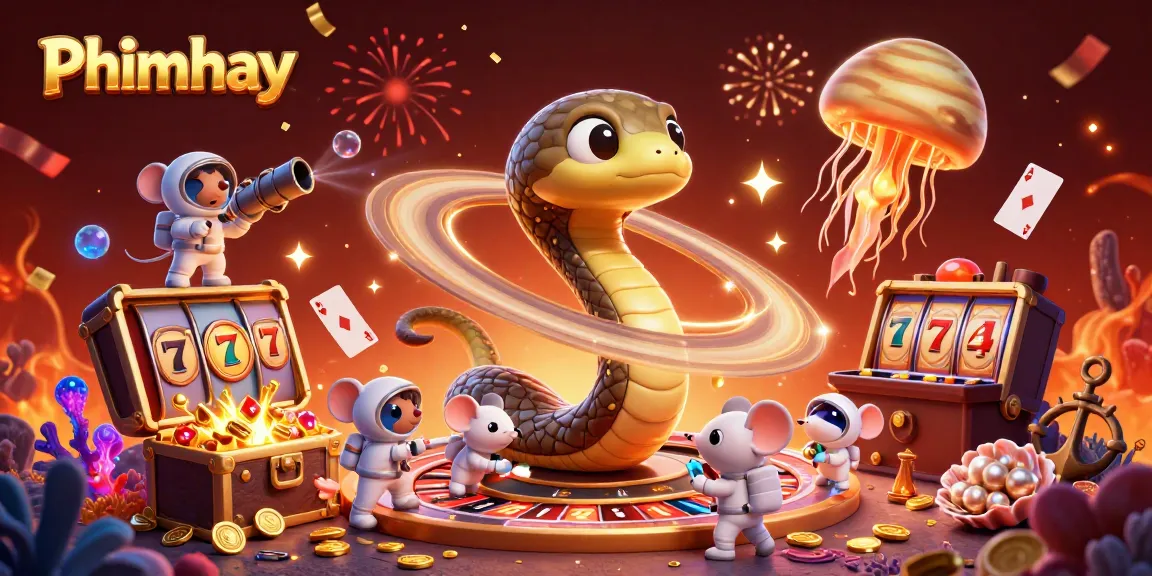 Phimhay players engage with lively slot reels amidst vibrant cosmic elements in a radiant casino scene.