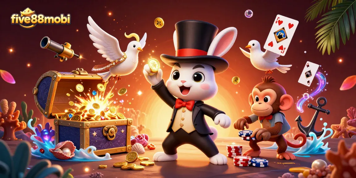 Engage with five88mobi as the magician rabbit dazzles with gold coins, creating a vibrant casino atmosphere.