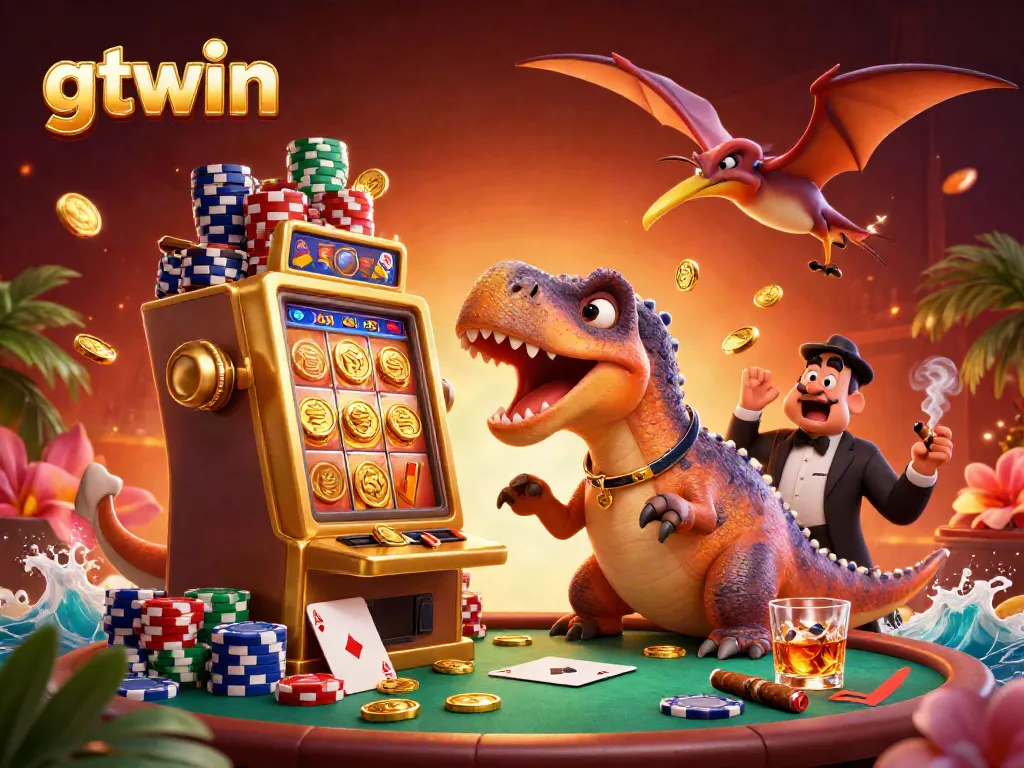 Experience thrilling moments at gtwin with animated dinosaurs engaging in a lively casino scene.