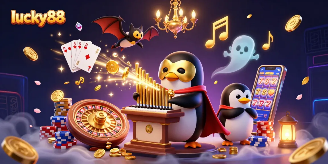 Experience the thrill of lucky88 with our vibrant illustration of a casino scene featuring a penguin organist and golden coins.