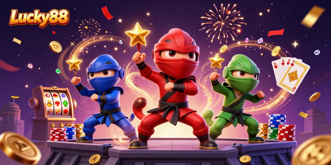 Spin to win with Lucky88, featuring vibrant slot game elements and dynamic ninja chameleons.