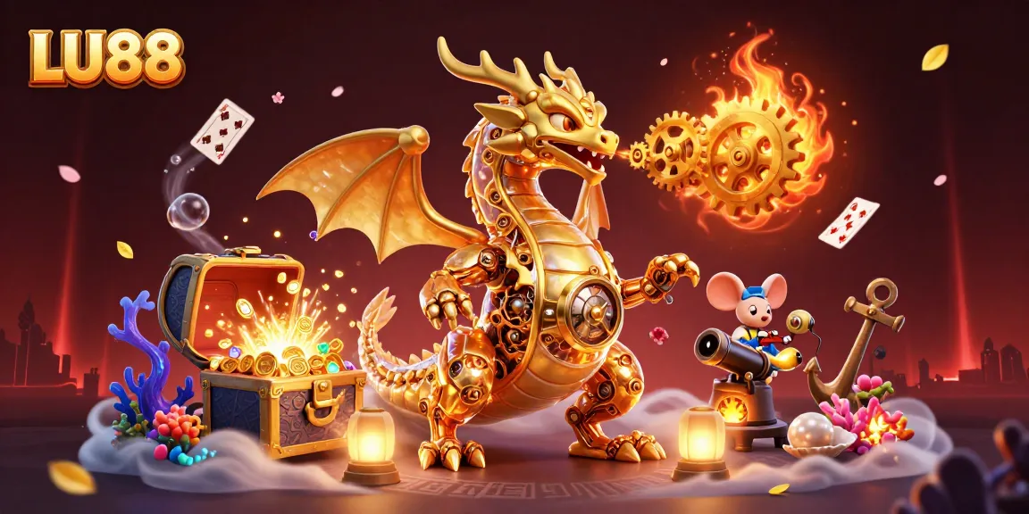 LU88 captivates gamers with a dynamic scene featuring a biomechanical golden dragon and dazzling casino elements.
