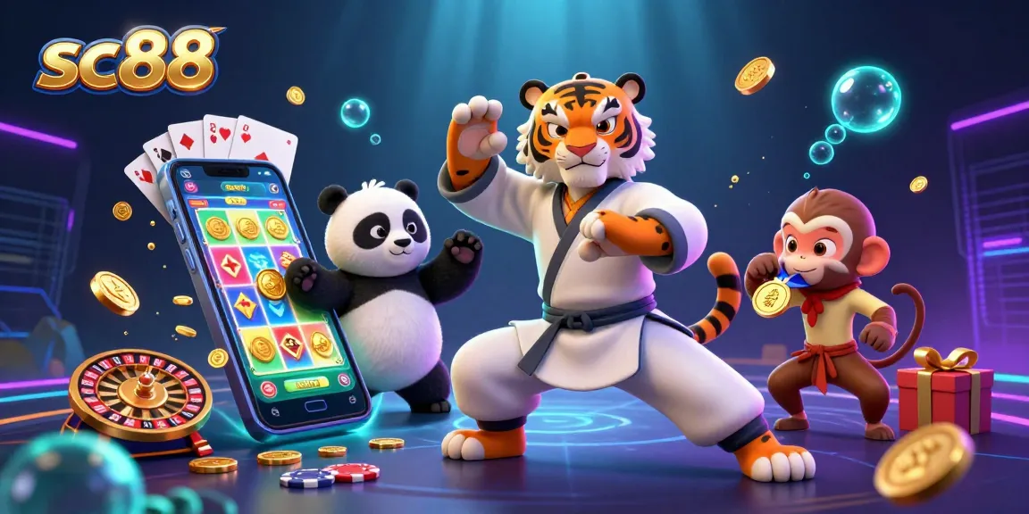 Engage in thrilling casino adventures with sc88's vibrant 3D illustration featuring animated gambling action.