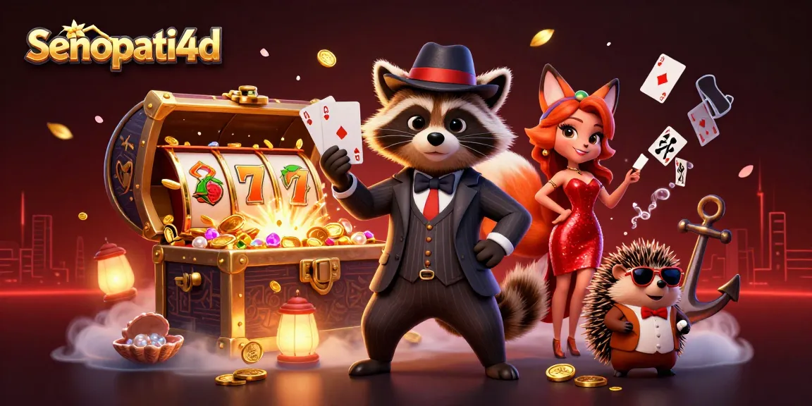 Experience winning thrills with senopati4d as a suave raccoon holds a royal flush amid vibrant casino elements.